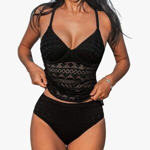 Black Lace Tankini Swimsuit